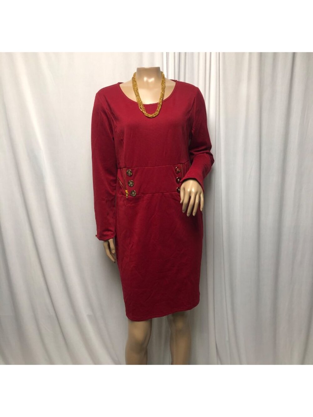Dressfo Dress Womens Size 10 Red Gold Button Zipper Accents Stretch Sheath NEW